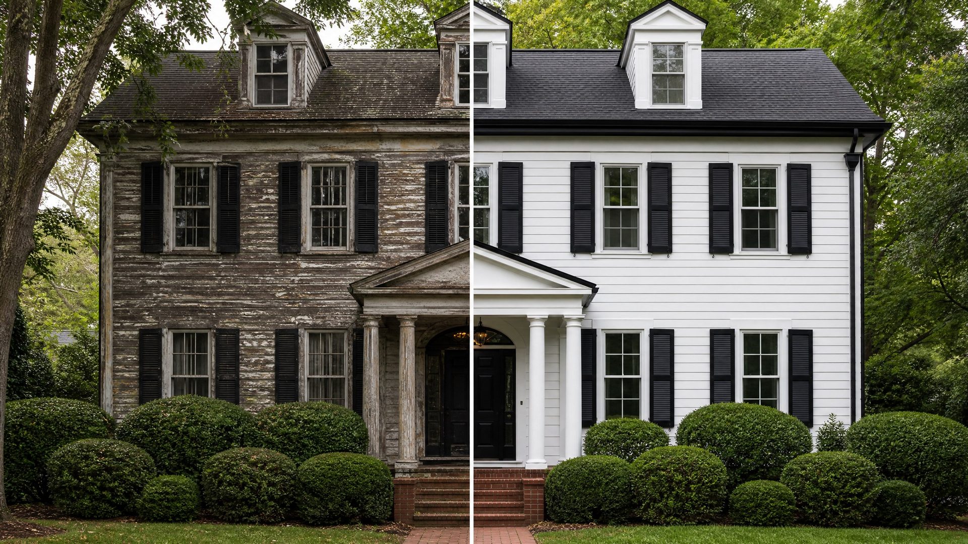 Before and after exterior painting of a two-story home — weathered siding transformed to bright white