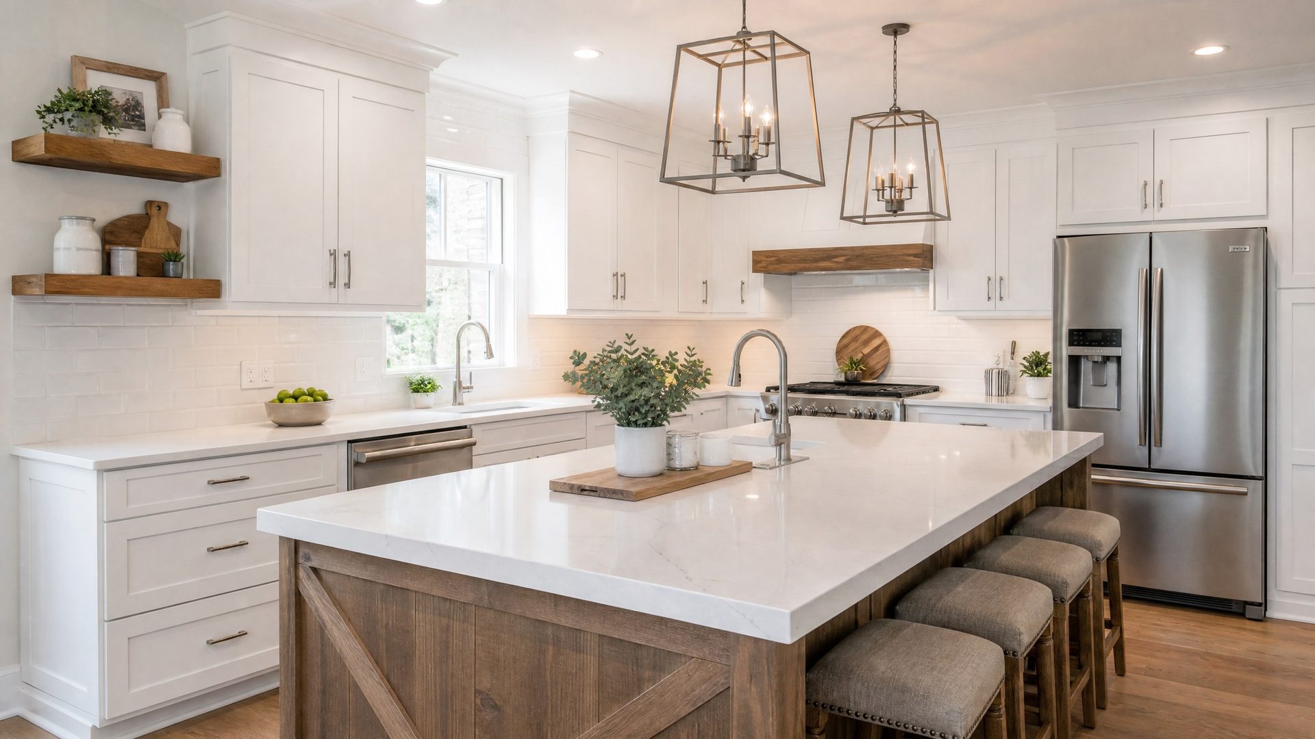 Kitchen cabinet refinishing in bright white with modern farmhouse styling