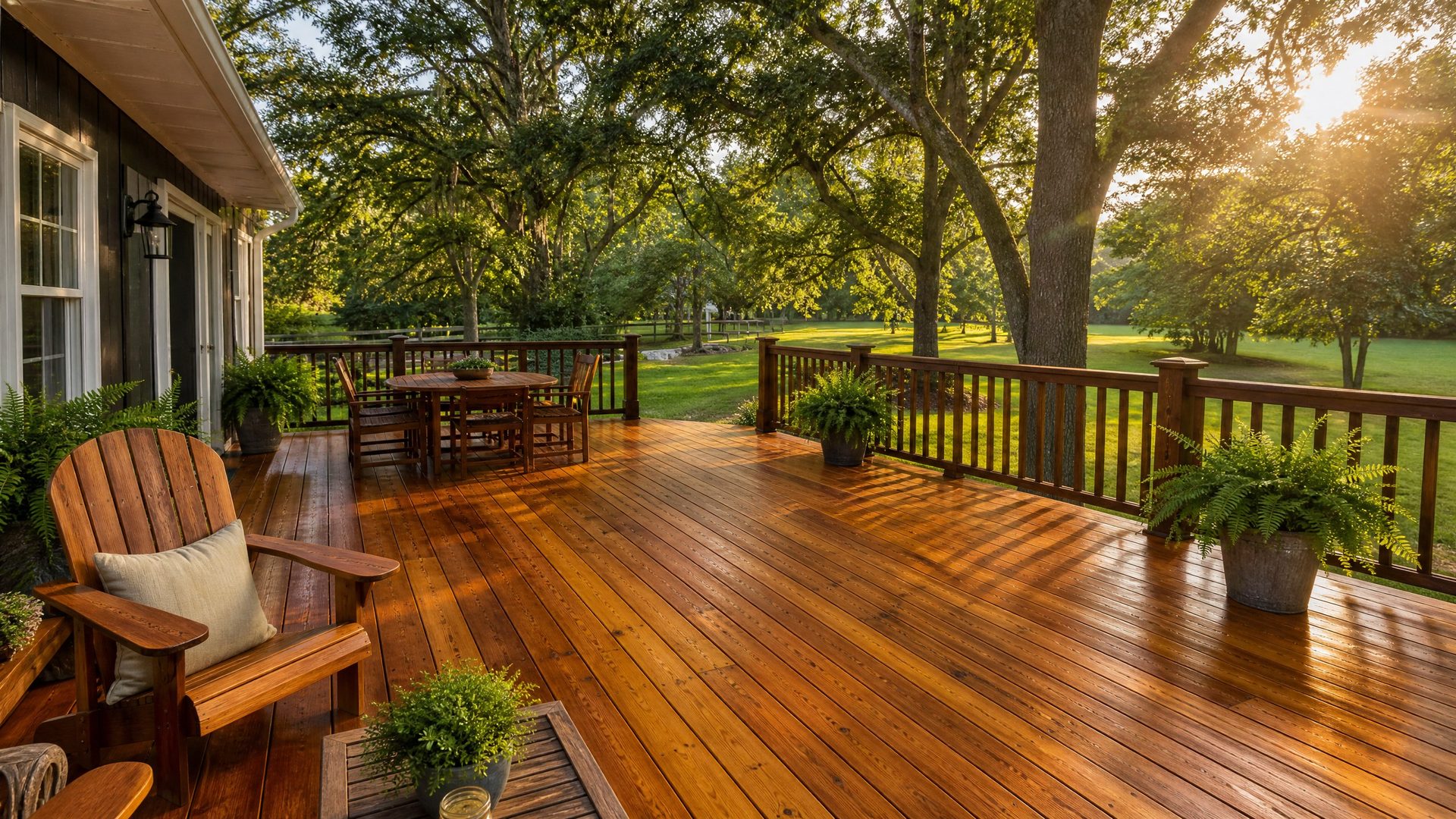Deck staining and sealing in Columbus MS — restored wood deck with rich warm finish