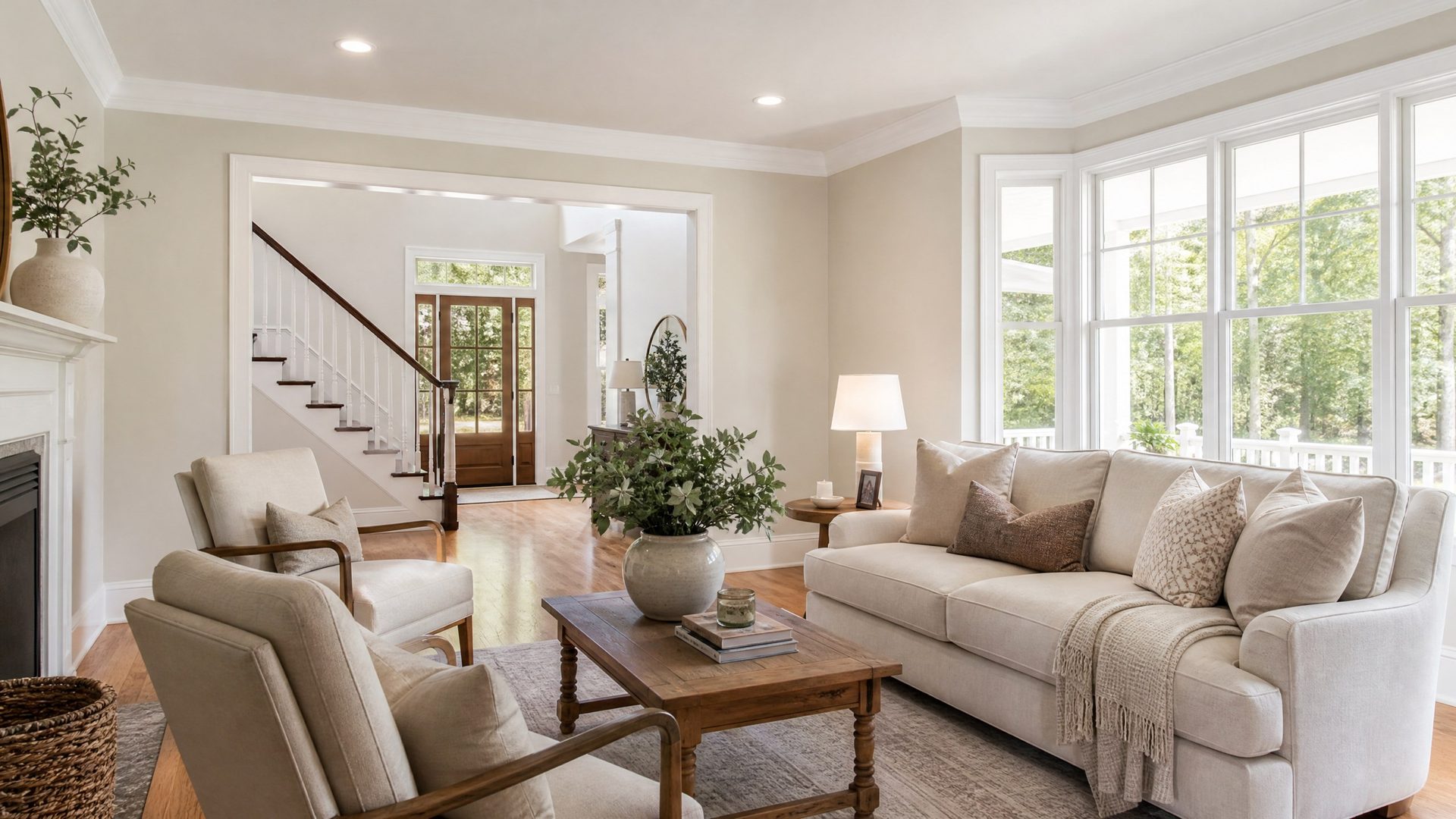 Warm, freshly painted neutral living room with white trim and natural light